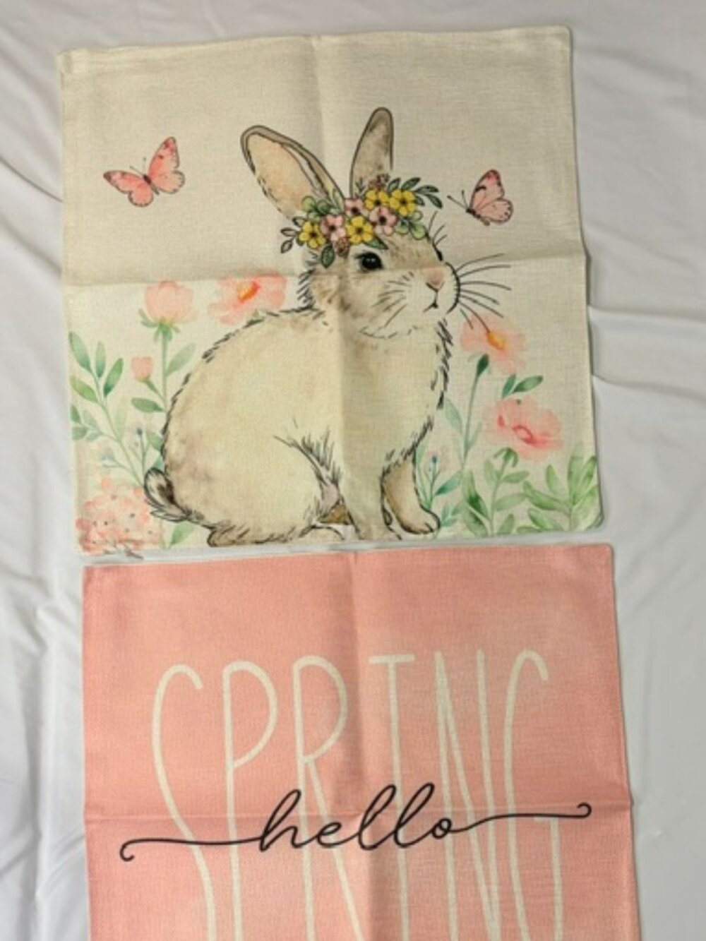 Set of 2 Spring Easter Bunny Pillow Covers 18x18 Burlap Linen Floral Decor
